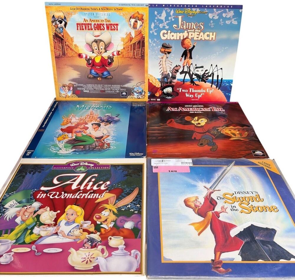 Lot of 6 Disney Animated LaserDiscs Alice Mermaid Sword Fievel James Peach